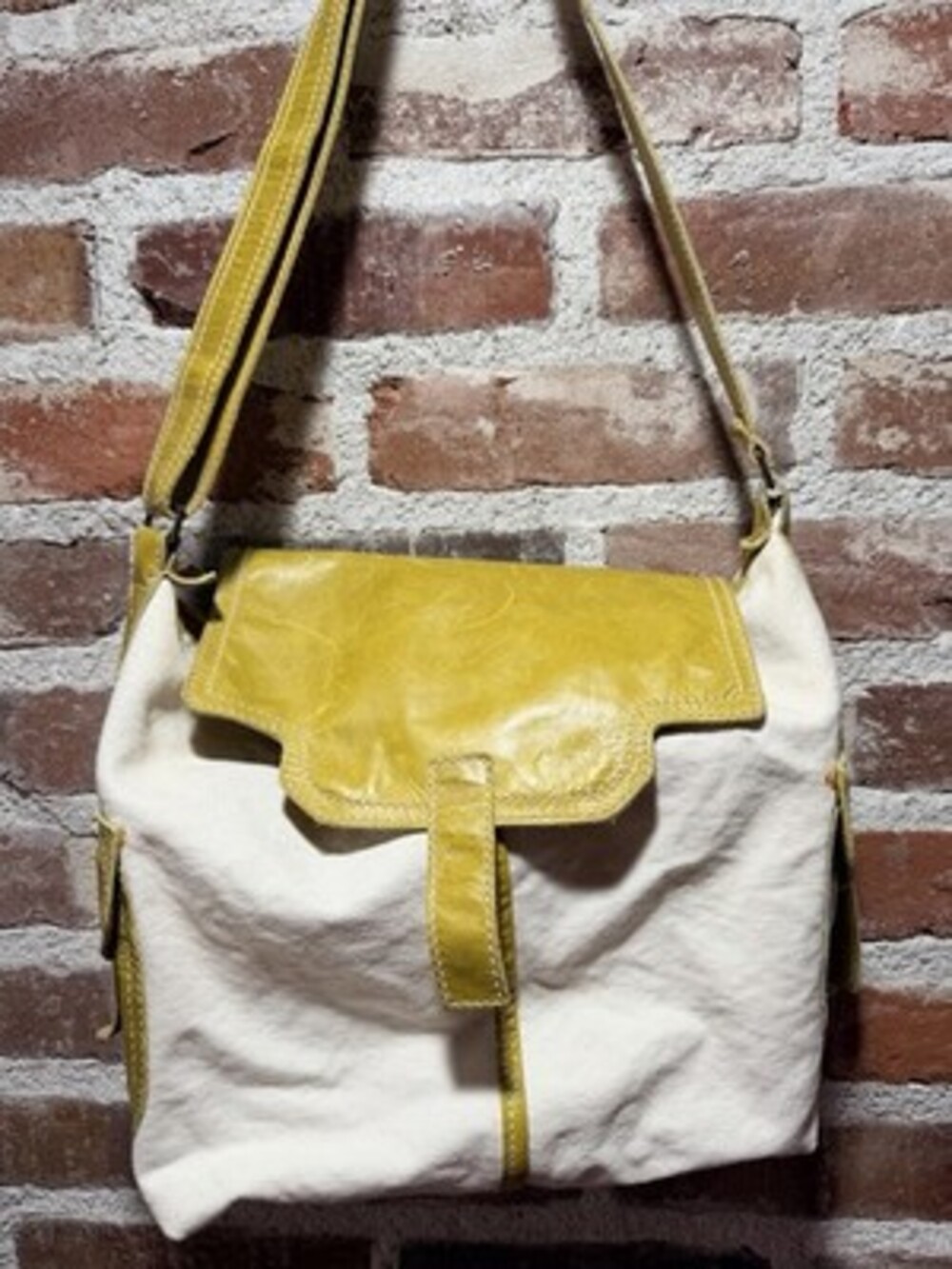Francesco Biasia Canvas & Chartreuse Green Leather Crossbody Messenger Bag Italy
